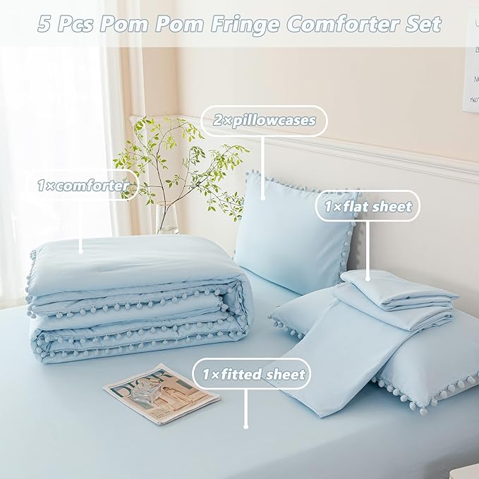 PERFEMET 5 Pieces Light Blue Queen Bed in A Bag Pom Pom Boho Bedding Set for Girls Soft Fluffy Solid Bedding Comforter Set with Sheets(Light Blue, Queen)