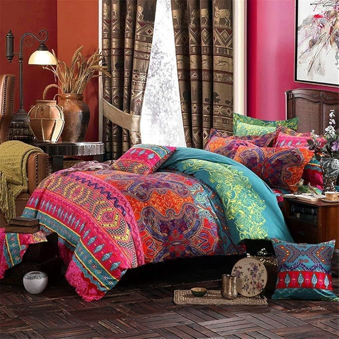 ABREEZE 3Pcs Bohemia Retro Bedding Ethnic Vintage Floral Duvet Cover Boho Bedding 100% Brushed Cotton Bedding Sets Damask Paisley Coloful Mandala Down Comforter Cover,Full