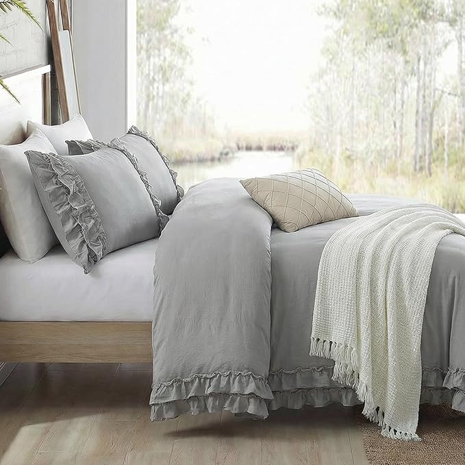 Bedorm Gray Twin Duvet Cover Set Ruffle Bedding Set Pleat Ruffled Shabby Chic Comforter Cover Extra Soft & Easy Care Gray Boho Duvet Cover with Zipper Closure