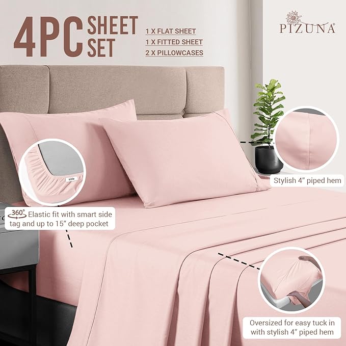 Pizuna Pure 100% Cotton Sheets Queen Size, Luxurious 400 Thread Count Long Staple Cotton Sateen Sheets with 15" Deep Pocket (Combed Light Pink Sheet Queen)