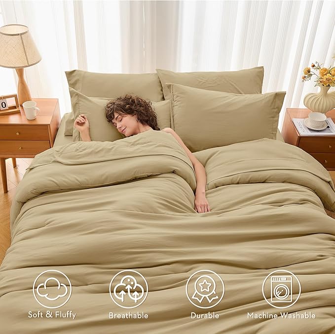 MUXHOMO 7 Pieces Full Comforter Set, Soft Bed in a Bag Full Size, All Season Bedding Set with Comforter, Flat Sheet, Fitted Sheet, Pillowcases & Shams, Khaki