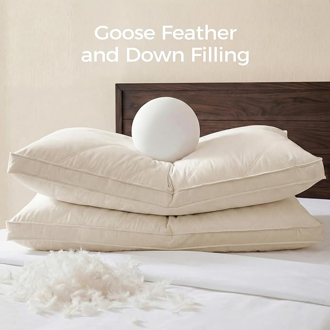 puredown® Goose Feathers and Down Pillows, 100% Organic Cotton Cover, Gusseted Pillow for Sleeping Hotel Collection Bed Pillows, King, Set of 2