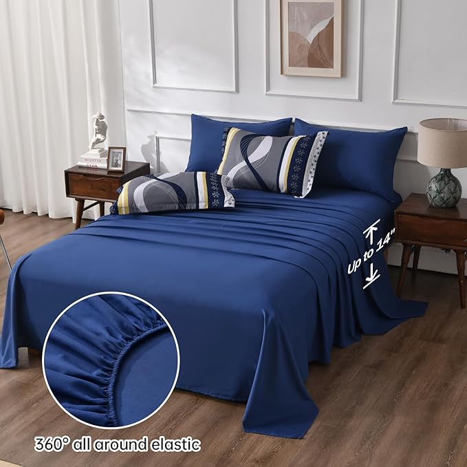 Anibedding Striped Comforter Set King Size,8 Pieces Bed in a Bag Navy Blue Yellow Patchwork Bedding Sets,Boho Soft Microfiber Bedding Set for All Season(104"×90")