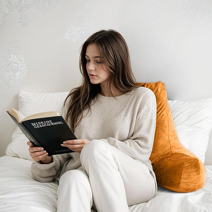 Reading Pillow for Sitting in Bed Adult, X-Large Reading Pillow with Shredded Memory Foam, Back Pillow for Sitting Up with Extend Arms, Pockets, Bed Pillow with Washable Cover, Orange