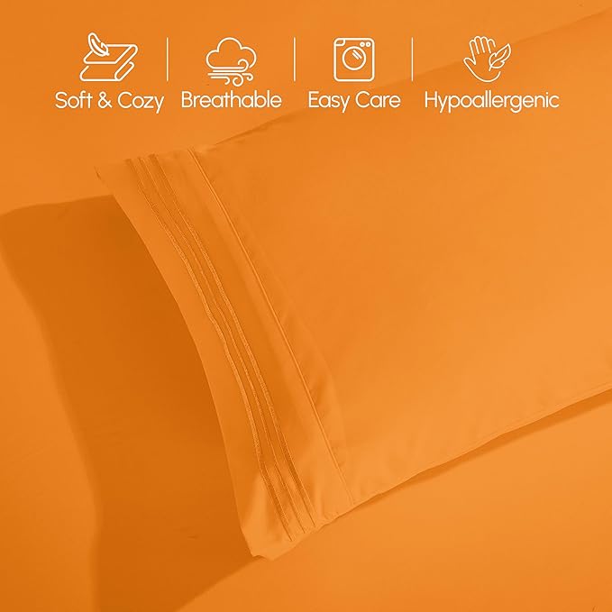 Elegant Comfort Luxurious 1500 Premium Hotel Quality Microfiber Three Line Embroidered Softest 4-Piece Bed Sheet Set, Wrinkle and Fade Resistant, King, Orange