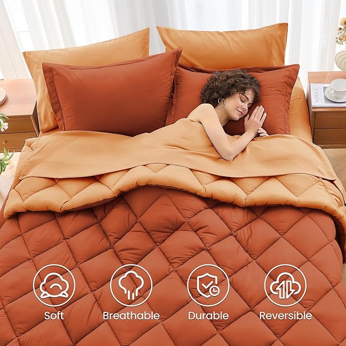 MUXHOMO 7 Pieces Full Comforter Set, Reversible Bed in a Bag Full Size, All Season Bedding Set with Comforter, Flat Sheet, Fitted Sheet, Pillowcases & Shams, Burnt Orange & Camel