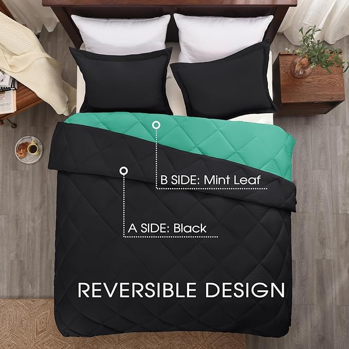 Basic Beyond King Size Comforter Set - Reversible All Seasons, Green/Black Mint Leaf, 1 King Comforter (104"x92") and 2 Pillow Shams (20"x36+")