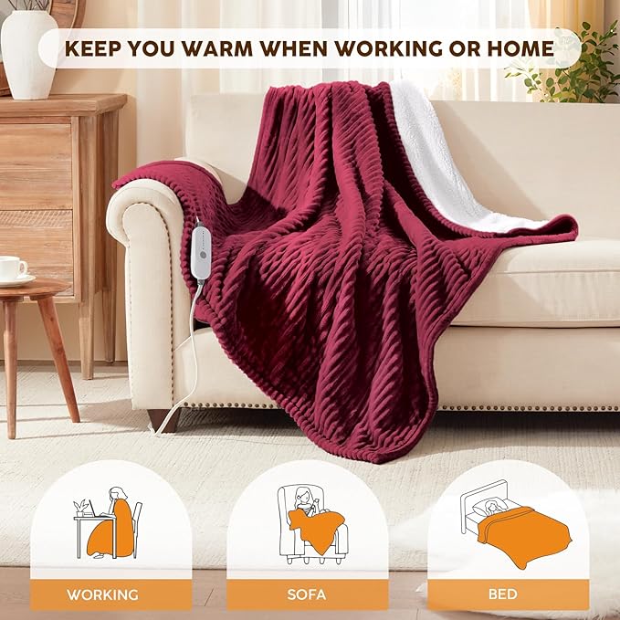 HYLEORY Heated Blanket Electric Full Size, Soft Flannel Sherpa Heater 5 Heat Settings and 10 Hours Auto Shut-Off Heating Blanket ETL Certification Over-Heat Protection Machine Washable,Red
