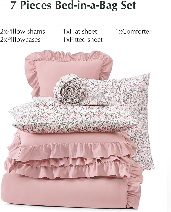 Queen Comforter Set - 7 Pieces Ruffle Soft Pink Bedding Sets, Shabby Chic Farmhouse Bed in a Bag Queen with Ruffle Comforter, Floral Sheets, Pillowcases & Shams