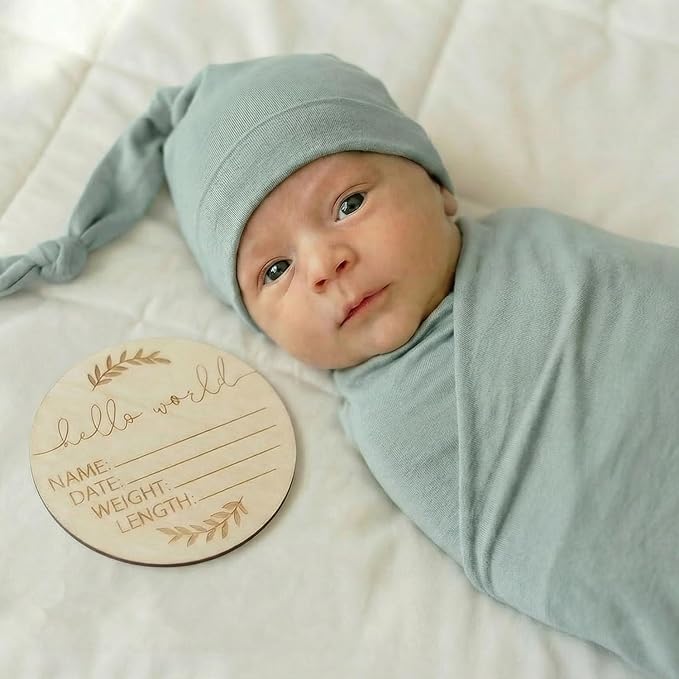 Large Jersey Knitted Swaddle Blanket for Baby, Soft Stretchy Receiving Blanket for Newborns with Hat, Baby Nursery Swaddle 47 x 47 inches(Seafoam)