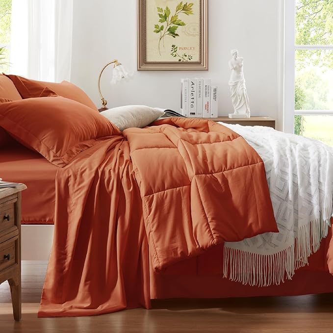 Anluoer Twin Size Bed in a Bag 5 Pieces, Burnt Orange Bed Comforter Set with Sheets, All Season Bedding Sets with 1 Comforter, 1 Pillow Sham, 1 Pillowcase, 1 Flat Sheet, 1 Fitted Sheet