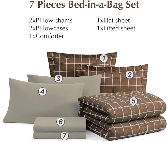 Plaid Queen Comforter Set Brown, Reversible Checkered Bedding Set 7 Pieces for Boys Girls Teen, Lightweight Bed in a Bag for Dorm with Sheets, Pillowcases & Shams