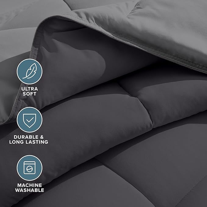 Bare Home Reversible Bed-in-A-Bag Comforter & Sheet Set - King - Down Alternative - Soft - Bedding Set (King, Grey/Forged Iron Grey, Grey)