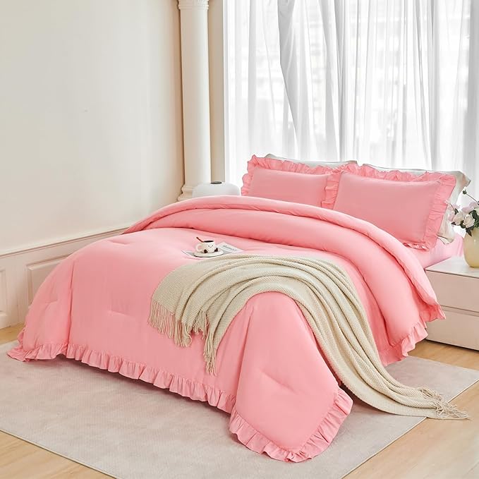 ANGIYUIN Coral Pink Twin Size Comforter Set for Girls 5Pcs Ruffled Kids Bed in A Bag with Sheets Farmhouse Boho Bedding Sets Lightweight Fluffy Microfiber Bed Set(Coral Pink Twin)