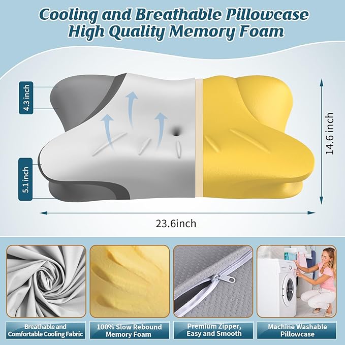 Cervical Neck Pillow for Pain Relief, Bed Pillows for Sleeping, Ergonomic Cooling Pillow, Orthopedic Contour Pillow for Side Back Stomach Sleepers,Neck Support Memory Foam Pillows (Grey&Darkgrey)