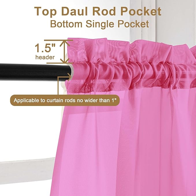 Chyhomenyc Hot Pink Sheer Curtains 45 Inch Long 2 Panels, Light Filtering Short Soft Airy Short Cafe Curtains, Modern Rod Pocket for Dinning Living Room Bedroom, 42Wx45L Inches