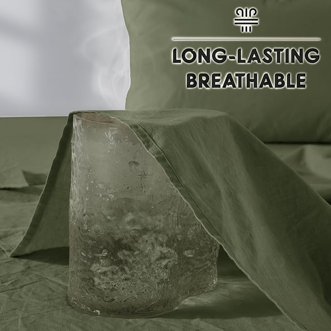 SONORO KATE 100% French Pure Linen Queen Size Sheets, Breathable and Durable, 16 Inch Deep Pocket - 4 Piece (Olive Green)