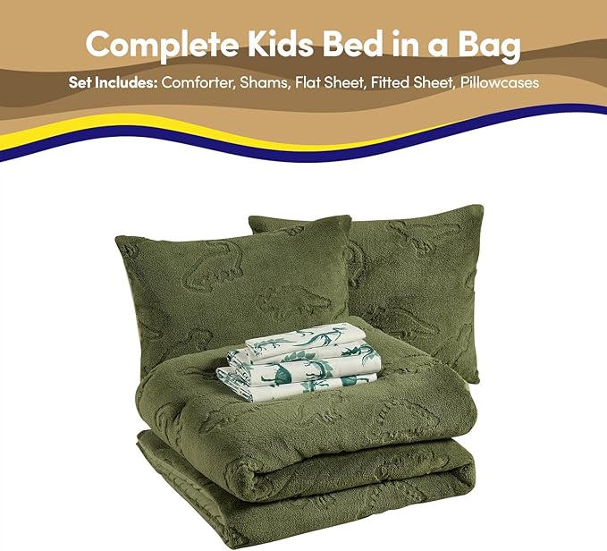 Full Size Kids Comforter Set - Dinosaur Embossed Bedding Set Bed in a Bag for Boys and Girls Toddlers Sheet Set and Comforter, Dinosaur Embossed