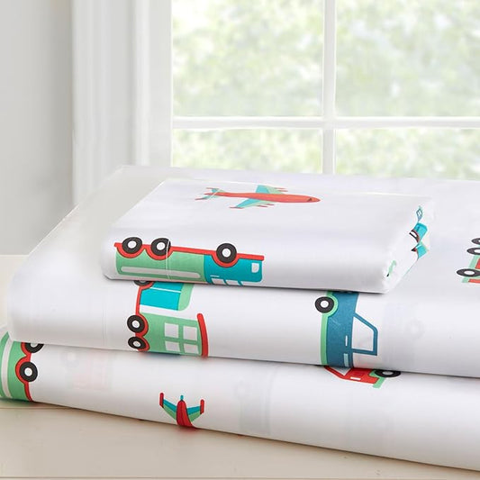 Wildkin 100% Cotton Toddler Sheet Set – Soft & Cozy Bed Sheets - Transportation