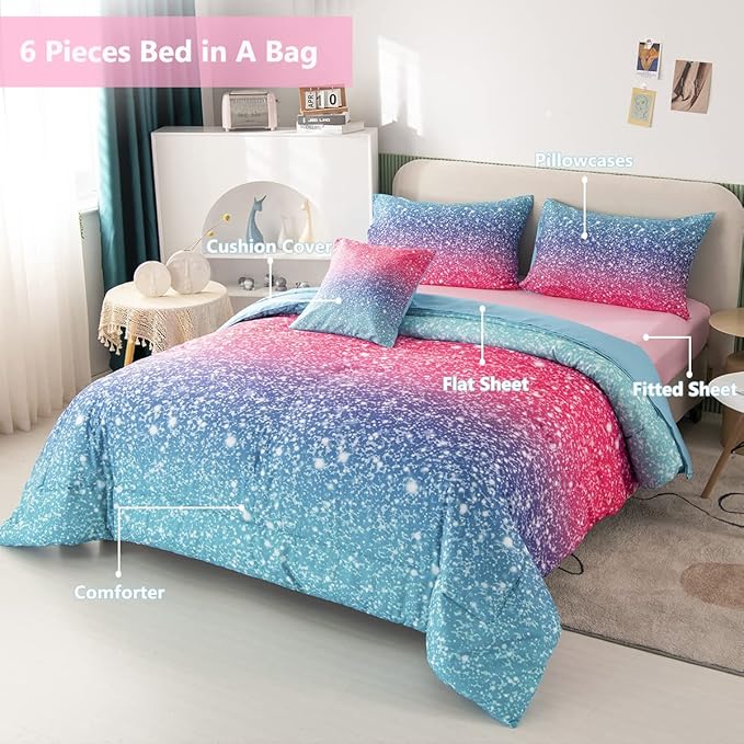 PERFEMET Girls Twin Size 6 Piece Bed in A Bag 3D Colorful Rainbow Bedding Comforter Sheet Set for Kids - (1 Comforter, 1 Flat Sheet, 1 Fitted Sheet, 2 Pillowcases, 1 Cushion Cover)