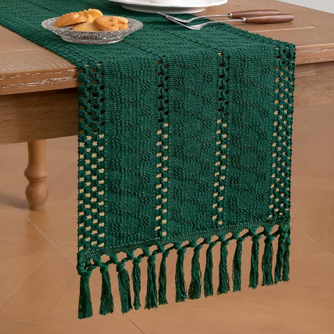 Socomi Boho Table Runner Easter Spring Farmhouse Rustic Dining Kitchen Centerpiece Decor Small Macrame Woven Cotton Linen Coffee Table Runner for Dresser Scarf Home Decor 12x36 inch Emerald Green