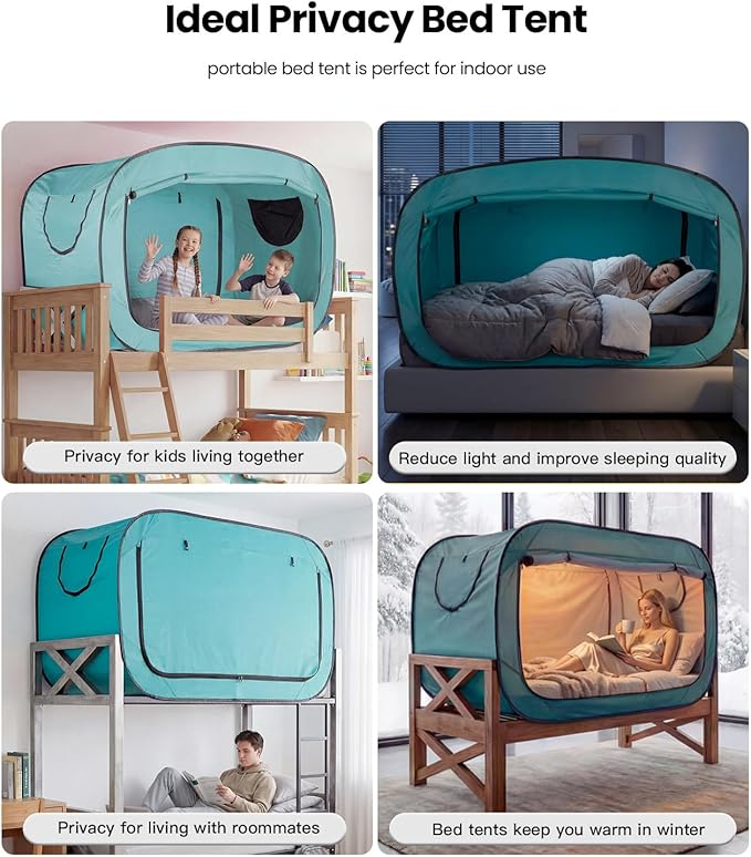 Bed Tent Twin Bed Canopy Portable Dream Tent for Adult Indoor Sleeping Tents with 2 Doors Breathable Private Space Tents, Teal