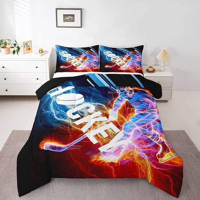 Ice Hockey Comforter Set Full, Puck Hockey Player Bedding Sets for Kids Boys Girls Teens, Red Blue Lightening Duvet Insert, Winter Sports Game Down Comforter Bedroom Decor for All Season, 3 Pieces