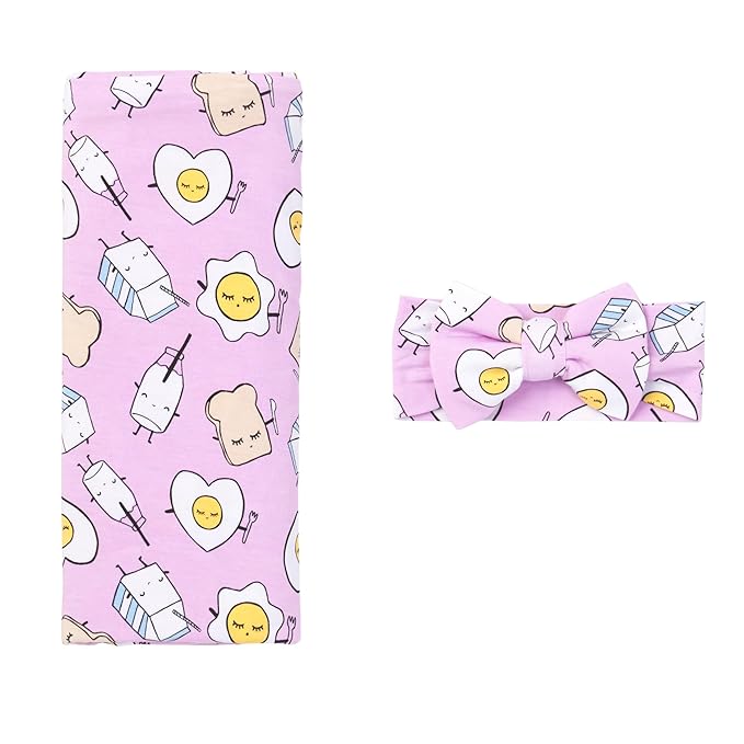 Little Sleepies Swaddle & Headband Bow Set, Viscose from Bamboo Baby Swaddles, Newborn Baby Girl Clothes (Pink Breakfast Buddies)