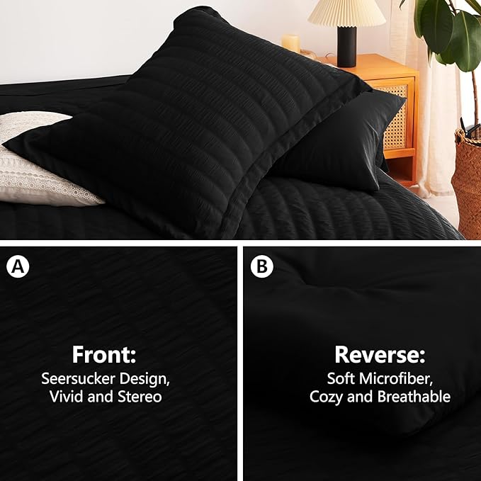 CozyLux Twin Comforter Set with Sheets Seersucker 5 Pieces, Black Bed in a Bag for Bedroom, Textured Luxury Soft Bedding Set with Down Alternative Comforter, Sheets, Pillowcase & Sham for All Seasons
