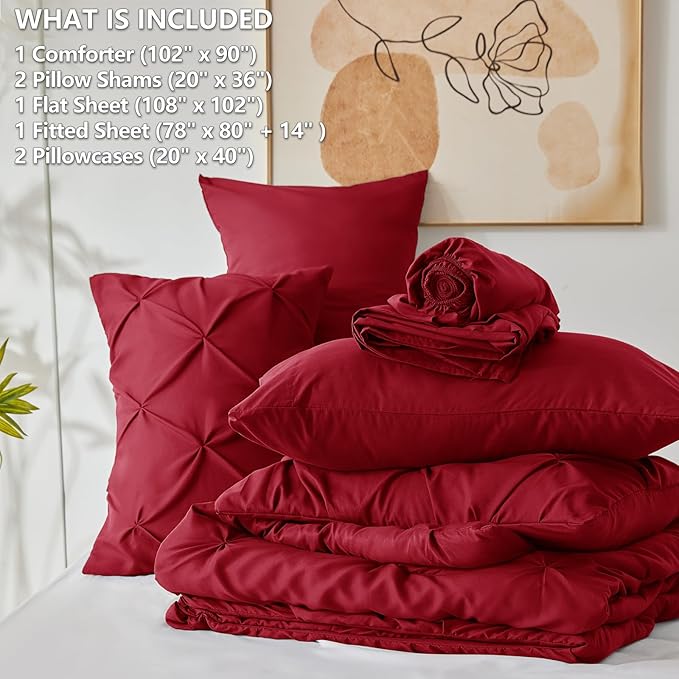 CozyLux King Size Comforter Set Dark Red, 7 Pieces Pintuck Bed in A Bag Red Comforter King Size, Pinch Pleat Bedding Set with All Season Comforter, Sheets, Pillowcases & Shams