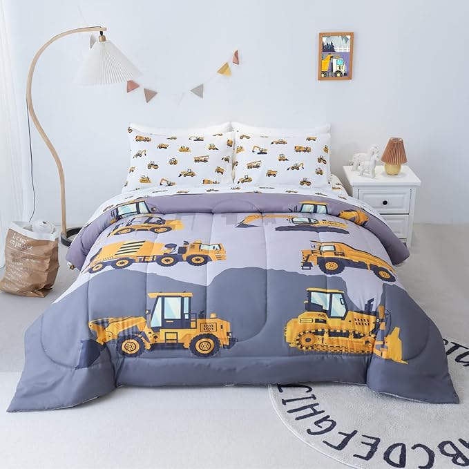 Cokouchyi Twin Size Comforter Set for Boys, 4-Piece Bed in a Bag, 3D Construction Bedding Comforter Sheet Set, Ultra Soft and Fluffy, Cartoon Truck Cars