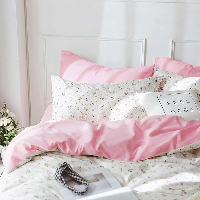 7 Pcs Full Size Comforter Set with Sheets, Pink White Floral Pattern Printed Preppy Decor Reversible Bed Sets - 80 x 90 Soft Microfiber Flower Duvet Cottage Vintage Bedding in a Bag for Women Men