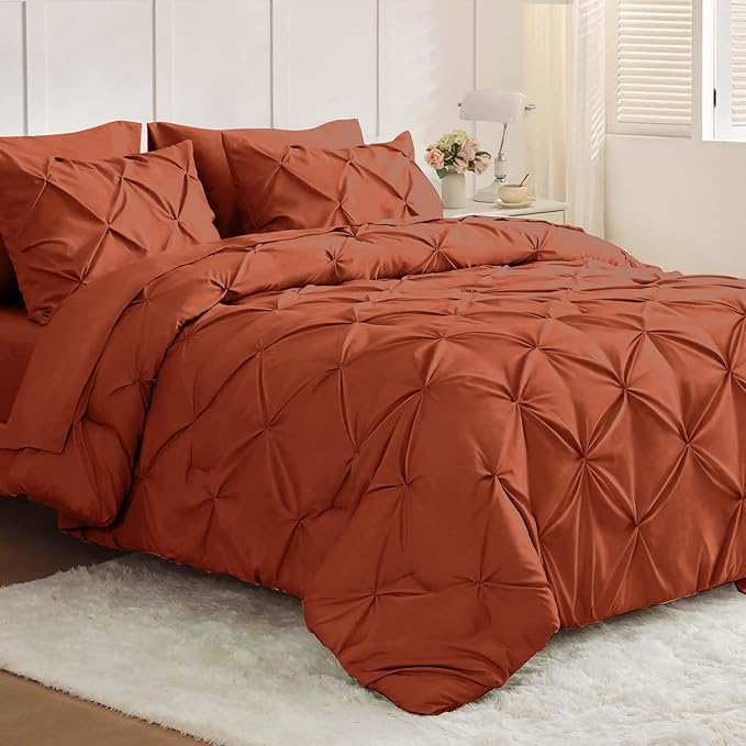JOLLYVOGUE Full Size Comforter Sets 7 Pieces - Bed in a Bag Full for All Season, Pintuck Bedding Comforter Sets with Comforter, Flat Sheet, Fitted Sheet and Pillowcases & Shams, Burnt Orange