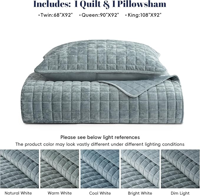 PHF Luxurious Velvet Quilt Set Twin Size – 2PCS Super Soft Quilted Comforter Alternative with Square-Box Quilt Pattern, Warm Quilted Bedspread Coverlet, 68" x 92", Dusty Blue