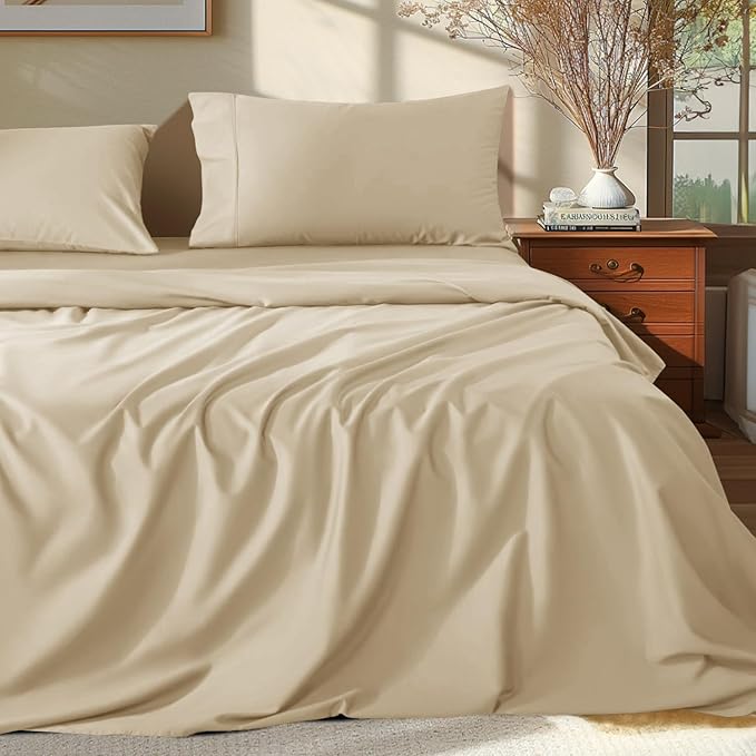 Shilucheng 100% Egyptian Cotton Sheets Set - 1000 Thread Count，Luxury Cotton Bed Sheets，Breathable & Cooling Bedding and Pillow Cases, 16 Inch Deep Pocket - 4 Piece (California King, Beige)