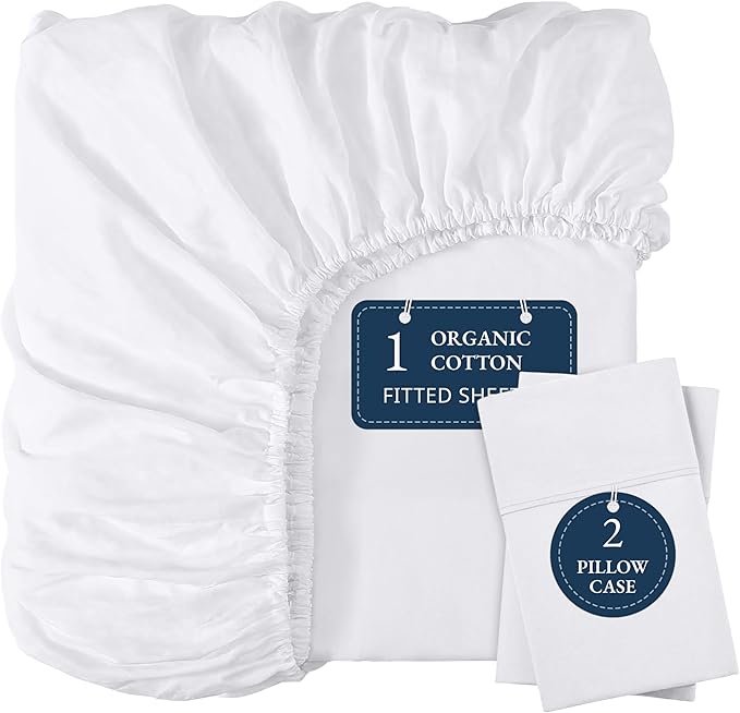 LANE LINEN Twin XL Fitted Sheet, 100% Organic Cotton 2-Piece Set (1 Fitted Sheet, 1 Pillowcase), Percale Weave, Lightweight, Soft, Breathable, Fits Mattress Upto 15" Deep - White(No Flat Sheet)