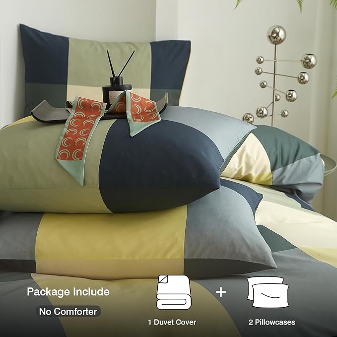 mixinni Multicolor Checkered Duvet Cover Set Twin Size - Modern Geometric Plaid Bedding Set with 2 Pillowcases, Soft Premium Cotton Duvet Cover for Boys, Men & Teens, with Zipper Ties(Twin Size)