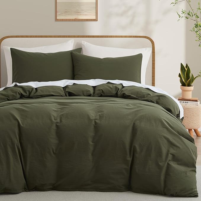 LOVQUE Olive Green Duvet Cover Full Size, 100% Washed Cotton Linen Like Bedding Set with Zipper Closure (No Comforter), 80x90 Inches