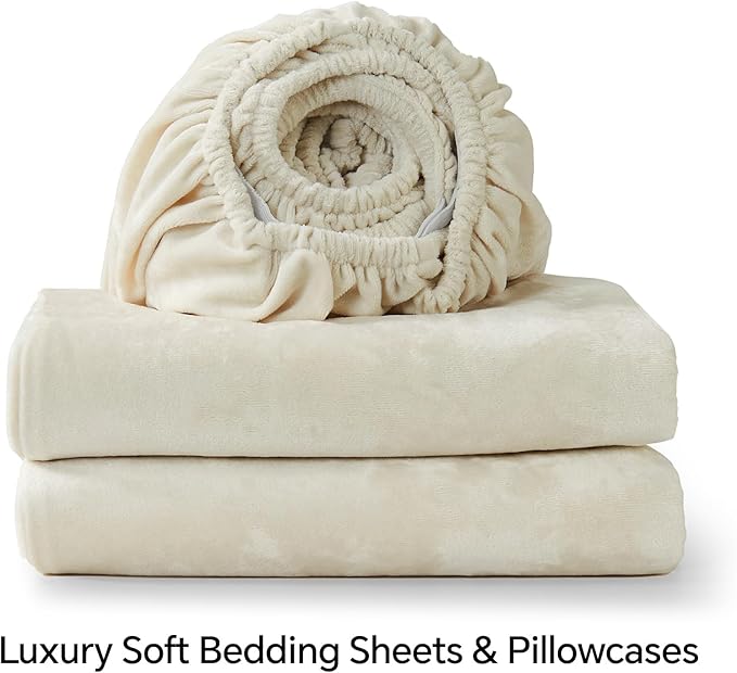 BEDELITE Velvet Fitted Sheet and Pillowcases Set, Luxury Soft Fuzzy Bottom Sheet with Reinforced Elastic Corner Straps, Deep Pocket up to 15 Inch, 1 Fitted Sheet and 2 Pillowcases (Cal King, Cream)