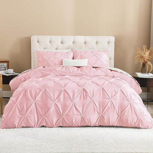 Litanika Pink Queen Pinch Pleat Duvet Cover, 3 Pieces Pintuck Cover Soft Microfiber Bedding Set with Zipper Closure & Corner Ties(90x90Inch-1 Duvet Cover, 2 Pillowcases)