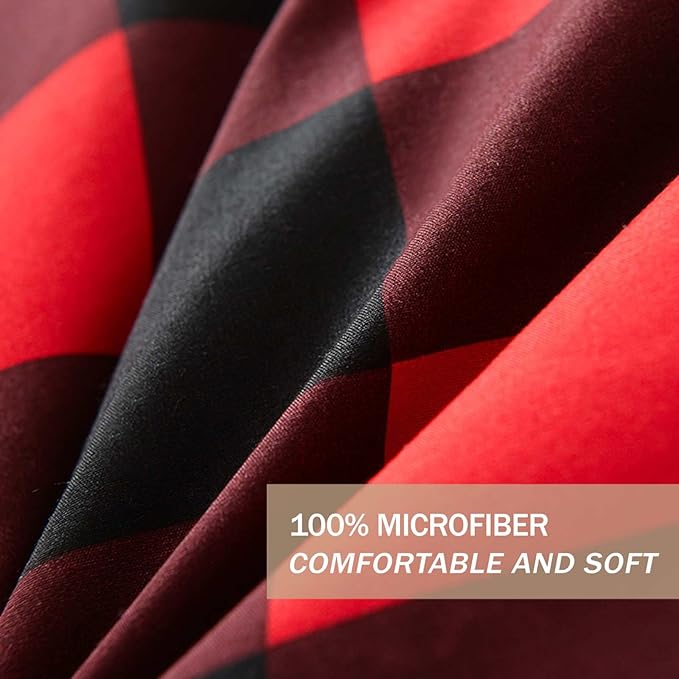Nanko Merry Christmas Full Size Duvet Cover, Red and Black Grid Plaid Buffalo Check Pattern Print Microfiber Comforter Cover Set, New Year Modern Bedding Sets for Women Men, 3Pcs 80 x 90 in
