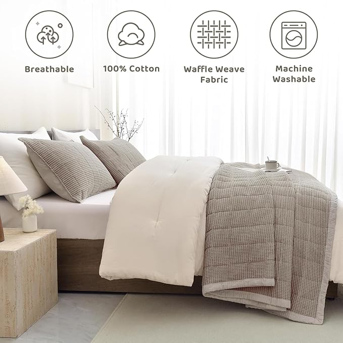 Sanracie Cotton Quilt King(110"x98"), Dark Khaki Colored Waffle Weave Quilt Set 3Pcs Soft Lightweight Breathable Farmhouse King Size Bedding Coverlet for All Seasons