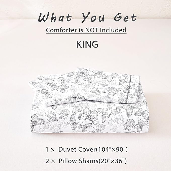 Vintage 100% Natural Cotton Duvet Cover Sets 3Pcs - Elegant Charcoal Gray Sketch Butterflies on White, Artistic Bedding Set with Button Closure(King,104"×90"