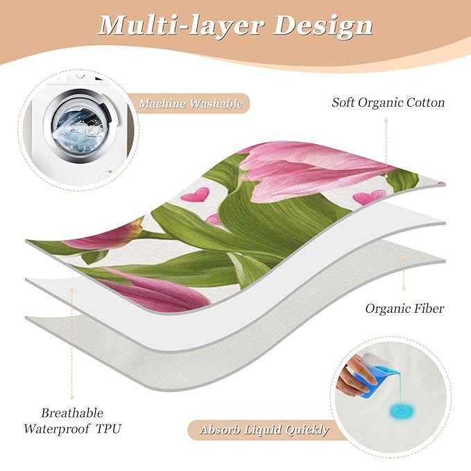 Waterproof Bed Pad Reusable Changing Pad Toddler Mattress Protector Large Pee Pad Baby Diaper Pad Soft Washable Liner Pink Fresh Tulips and Hearts
