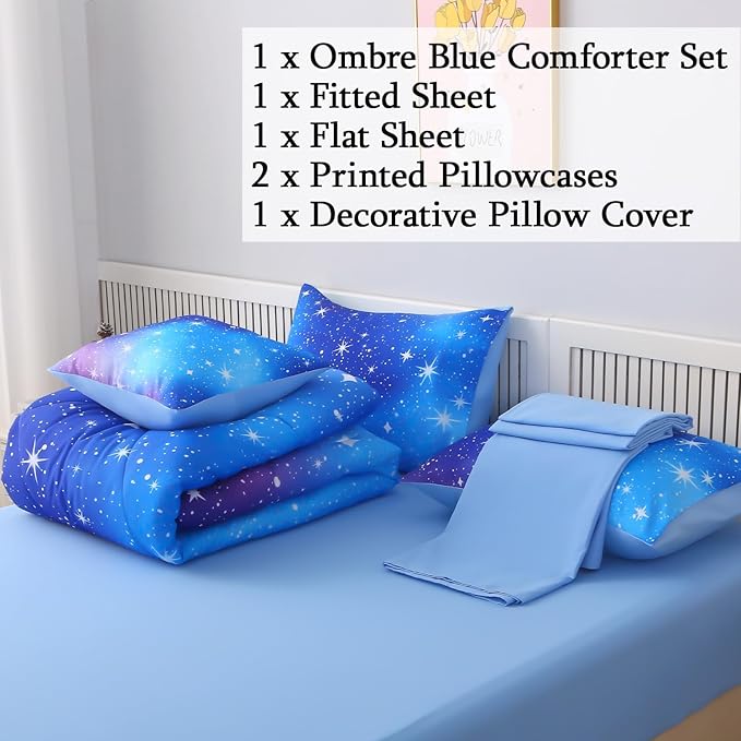 JQinHome Queen Ombre Blue Comforter Set, 6 Piece Bed in A Bag 3D Colorful Bedding Sets for Teen Girls (1 Comforter,2 Pillowcases,1 Flat Sheet,1 Fitted Sheet,1 Cushion Cover)(Star Blue)