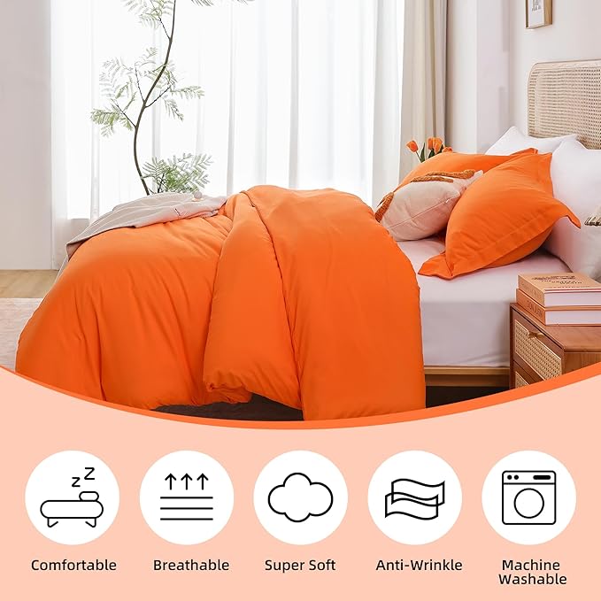 Whitney Home Textile Orange Duvet Cover Set King Size - 3 Piece Luxury Soft Cooling Duvet Cover with Zipper Closure and Pillow Sham, Breathable Washed Brushed Microfiber, Comforter Not Included