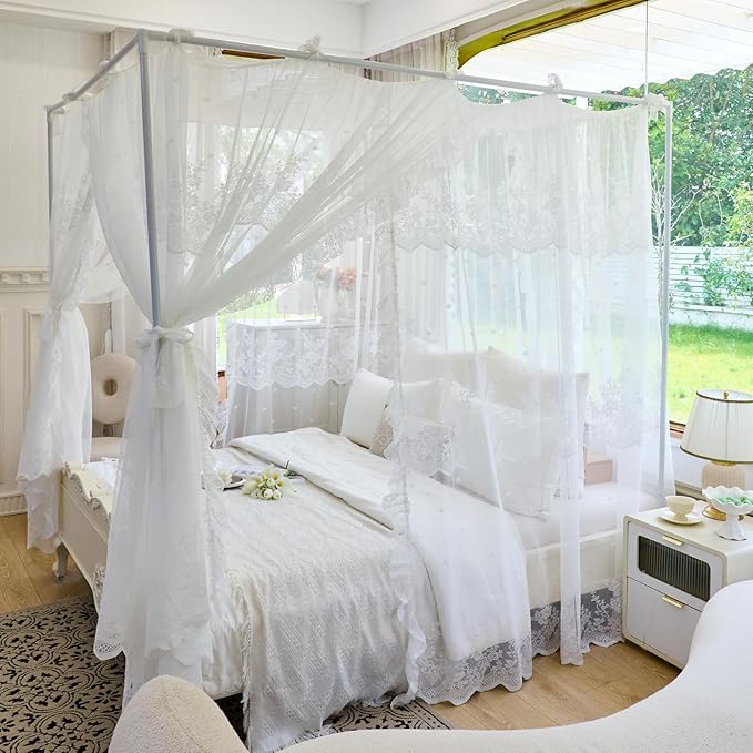 AIKASY Elegant Lace Princess 4-Poster Bed Canopy Mosquito Net - Romantic Wedding Bridal Bedroom Decor, Kids Room Bed Curtain for Women Adults - (White1,Twin)