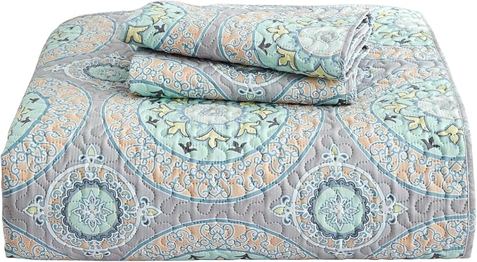 CHIXIN Boho Quilt King Size - Bohemian Chic Medallion Design - Lightweight Bedspread Coverlet Set, Ultrasonic Quilting Mandala Bedding Cover for All Season, 3 Piece, Aqua Blue