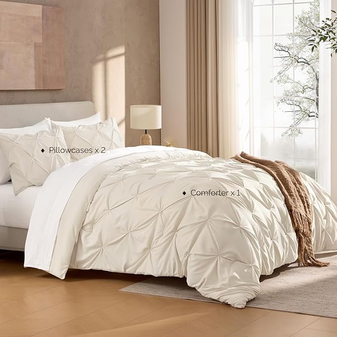 Andency Beige Comforter Set Oversized Queen(98x98Inch), 3 Pieces Comforter for Girls Kids, Soft Microfiber Pinch Pleat Comforter Set, All Season Lightweight Bedding Set