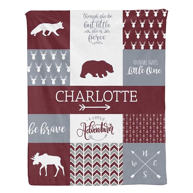 Custom Bear Baby Blanket for Girls, Baby Blanket with Name - 35 x 45 Blankets with Double Layer Dotted Backing - Shower Gifts for Nursery - Essential Bebe Stuff, Deep Red